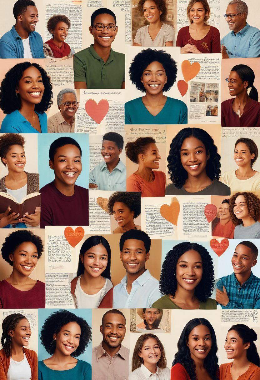 A collage of diverse individuals sharing their heartfelt stories, with warm, expressive faces and emotional gestures. Incorporate symbols of community and support like hearts and open books in the background. The setting is cozy, with soft lighting that conveys warmth and connection. Include snippets of text or quotes to enhance the storytelling vibe. soft-focus, vibrant colors, warm tones.
