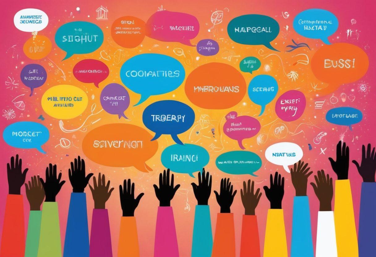 A vibrant collage depicting the essence of a diverse community sharing insights and stories about HSWZ. Show individuals engaged in meaningful conversation, surrounded by colorful speech bubbles filled with tips and anecdotes. Include symbols representing knowledge, connection, and empowerment, like lightbulbs and hands joining together. The background should be warm and inviting, radiating a sense of community. digital art. vibrant colors. uplifting atmosphere.